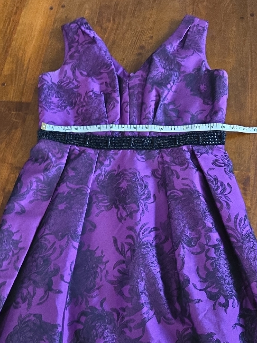 Carmen Marc Valvo Purple Floral Taffeta Fit & Flare Beaded Waist Dress Size 8 - Picture 5 of 9